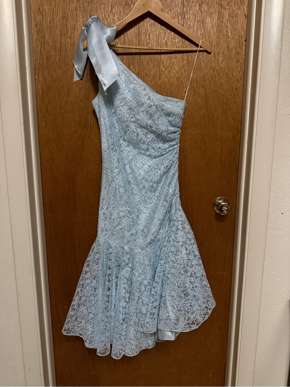 Gunne Sax One-Shoulder Light Blue Lace Dress with Shoulder Tie